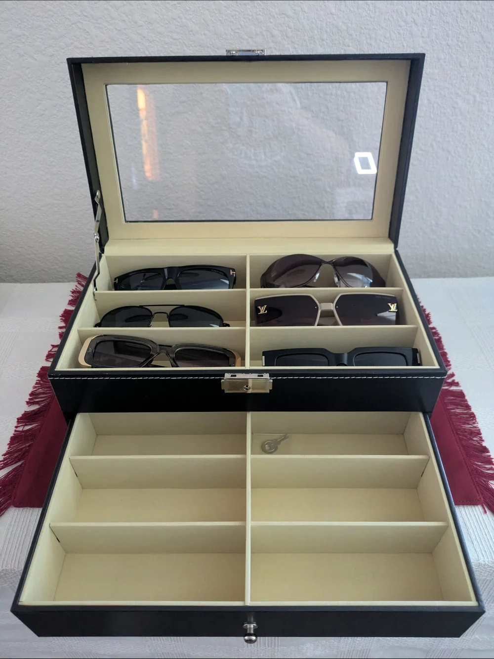 Luxury Black Leather Sunglass Case with Glass Top